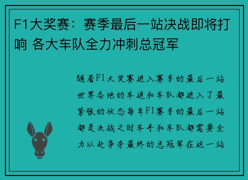 F1大奖赛：赛季最后一站决战即将打响 各大车队全力冲刺总冠军
